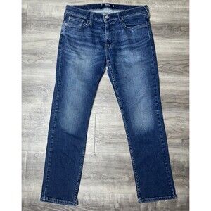 Hollister Slim Straight Jeans 32x30 Dark Wash Distressed Blue Denim